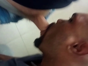Married man has bathroom tryst with black stud in outdoor public blowjob scene