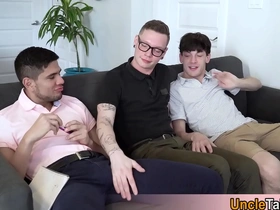 Young gay nerds and a hot guy have a threesome and give blow jobs.
