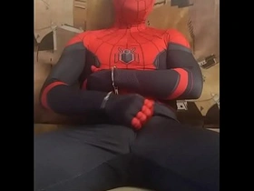 Gay Spiderman in solo pleasure in tight spandex suit