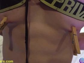 A blindfolded and tied up hot hunk with a lean muscle build gets nipple pegging and edging.